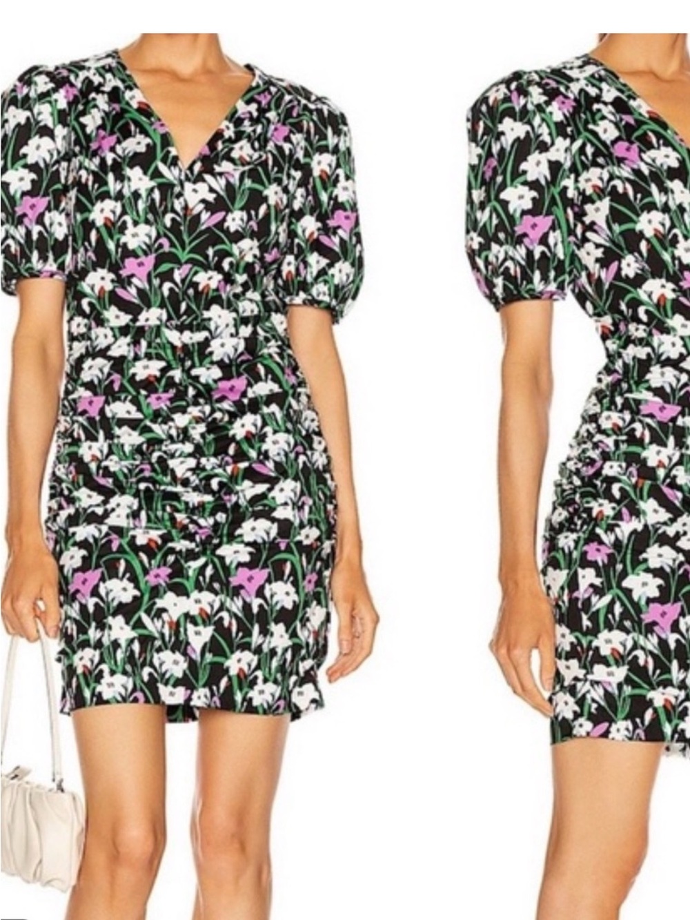 Veronica Beard Black Floral V-Neck Ruched Mini Dress